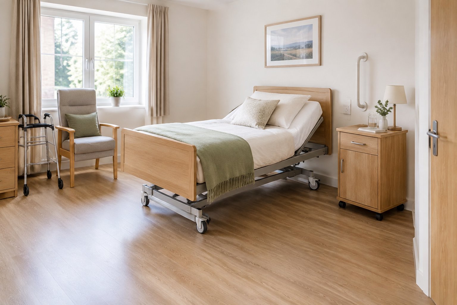 Ein barrierearm eingerichtetes Schlafzimmer mit Pflegebett, Haltegriff und Gehhilfe.